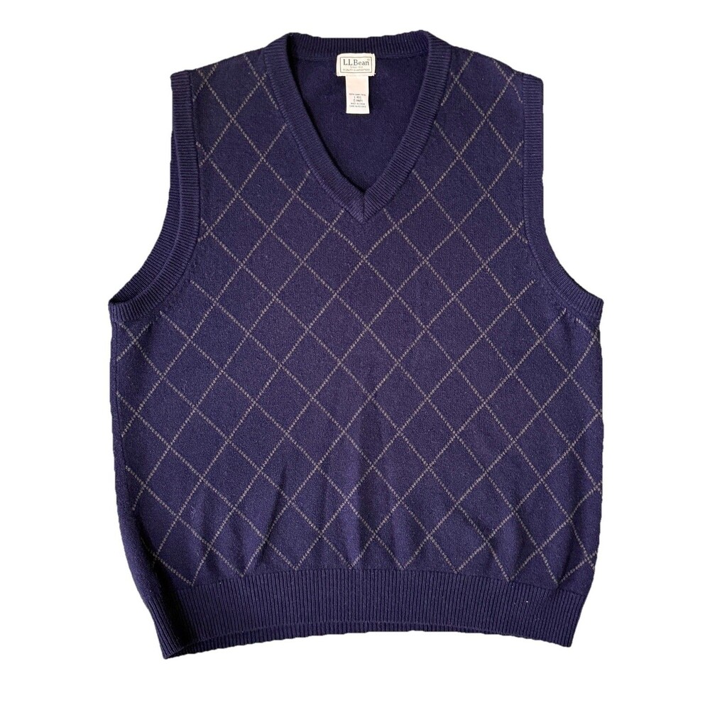 LL Bean Men Blue Preppy Argyle Sweater Vest 100%‎ Lambswool Old Money Layering L